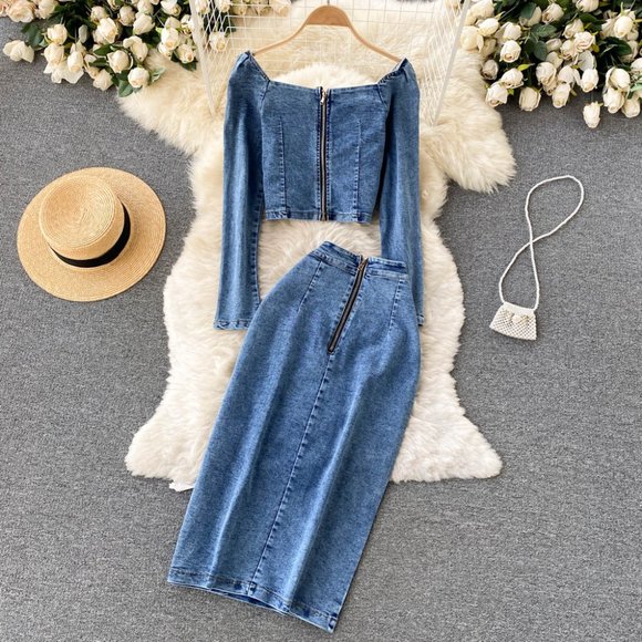 Denim Long Sleeve Top And High Waist Split Skirt Sets - Picture 3 of 6